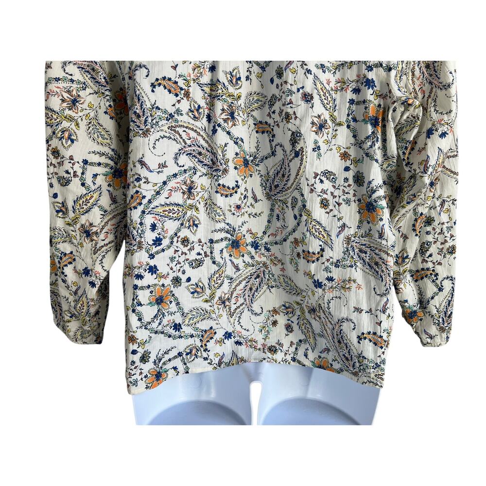 J. JILL TOP WOMENS LARGE 100% COTTON FLORAL POPOVER BLOUSE WHITE MULTI BOHO - Picture 8 of 12